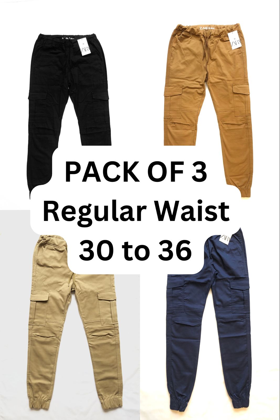 Pack of 3 Cotton Cargo Trousers (30 to 36 Waist)